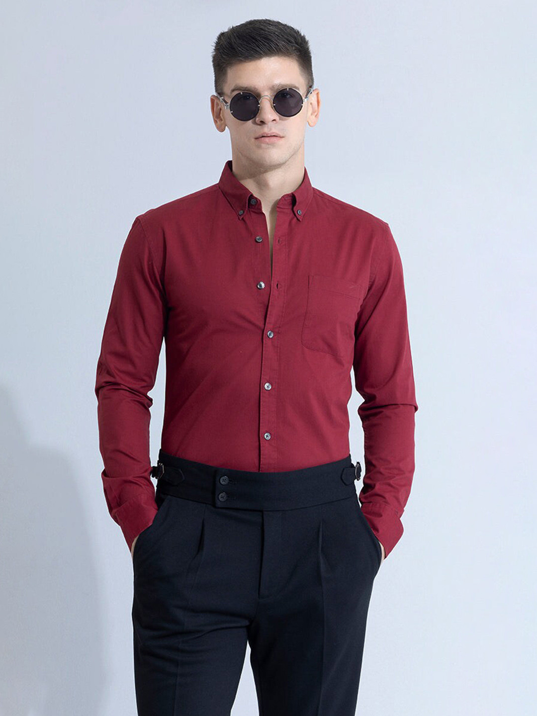 

Snitch Red Classic Slim Fit Button Down Collar Pure Cotton Casual Shirt