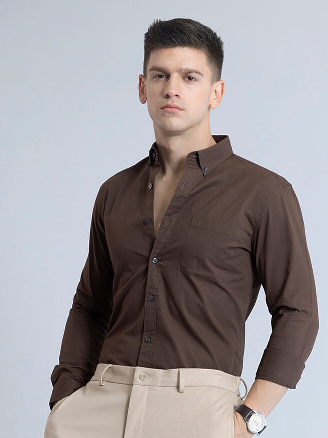 

Snitch Brown Classic Slim Fit Button Down Collar Pure Cotton Casual Shirt