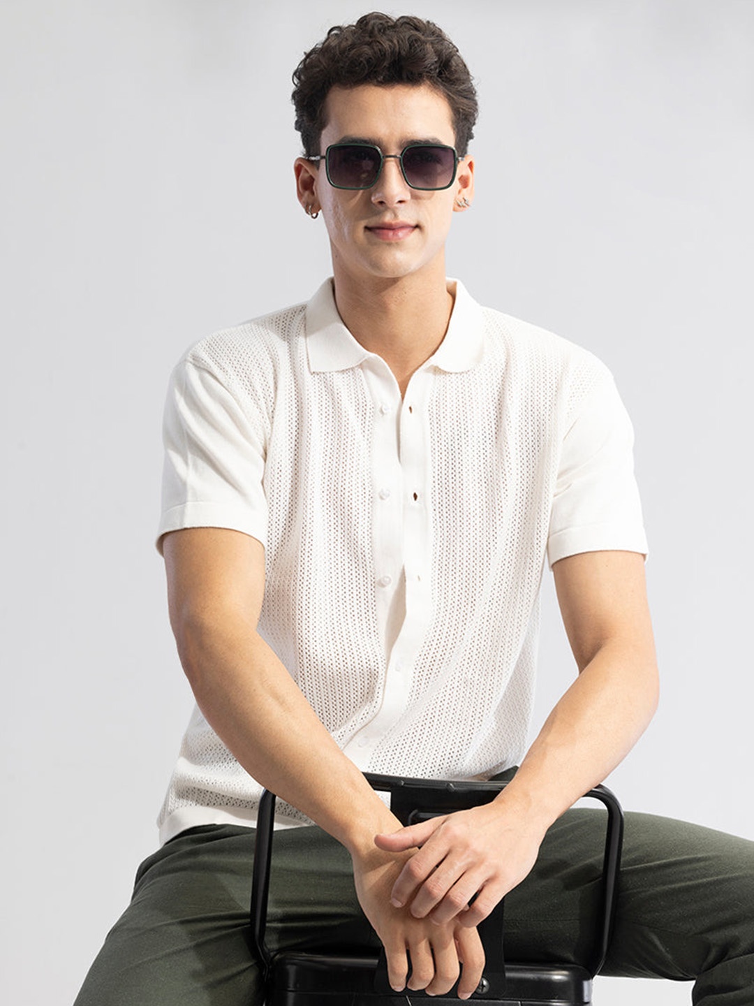 

Snitch White Classic Self Design Casual Shirt