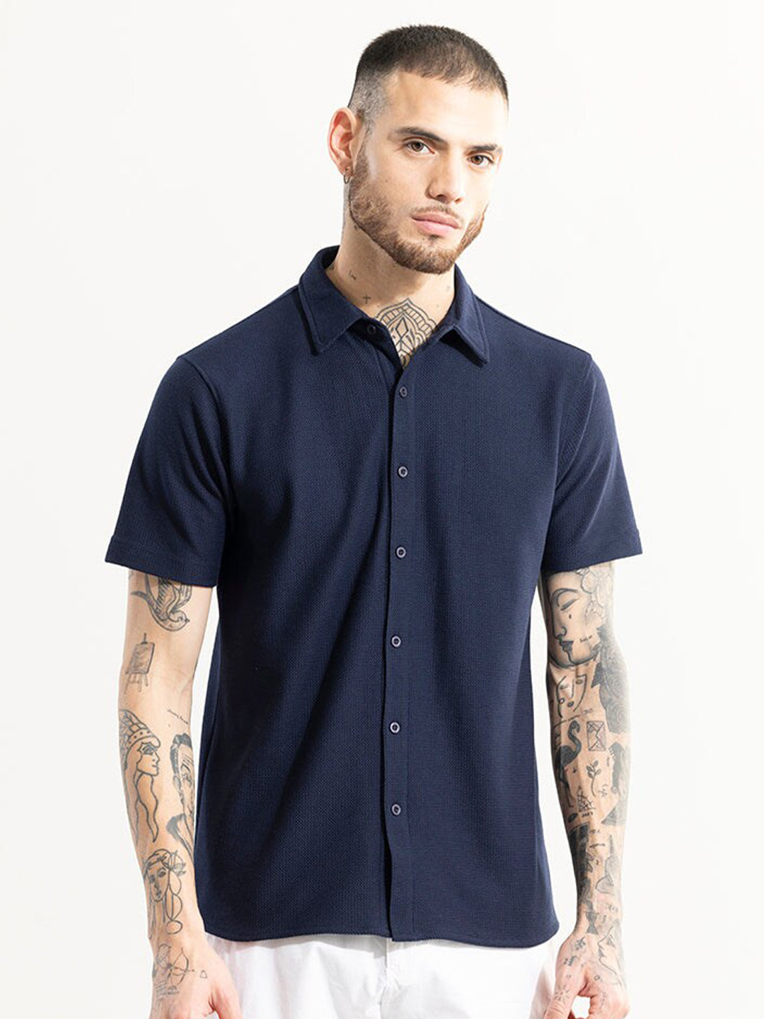 

Snitch Navy Blue Classic Spread Collar Casual Shirt