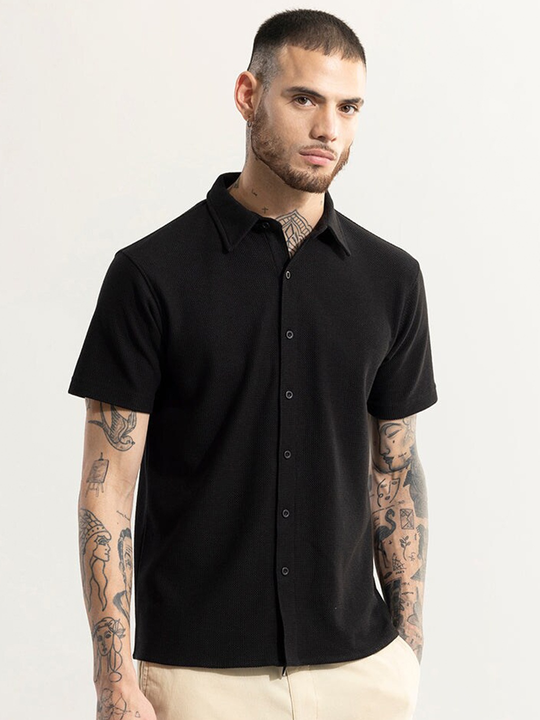

Snitch Classic Self Design Casual Shirt, Black