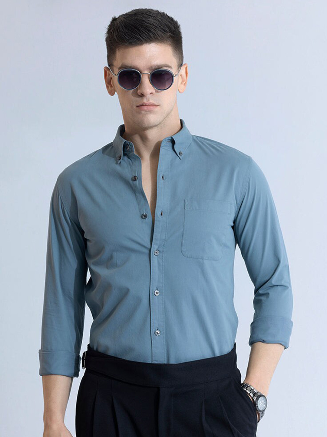 

Snitch Blue Classic Slim Fit Button Down Collar Pure Cotton Casual Shirt