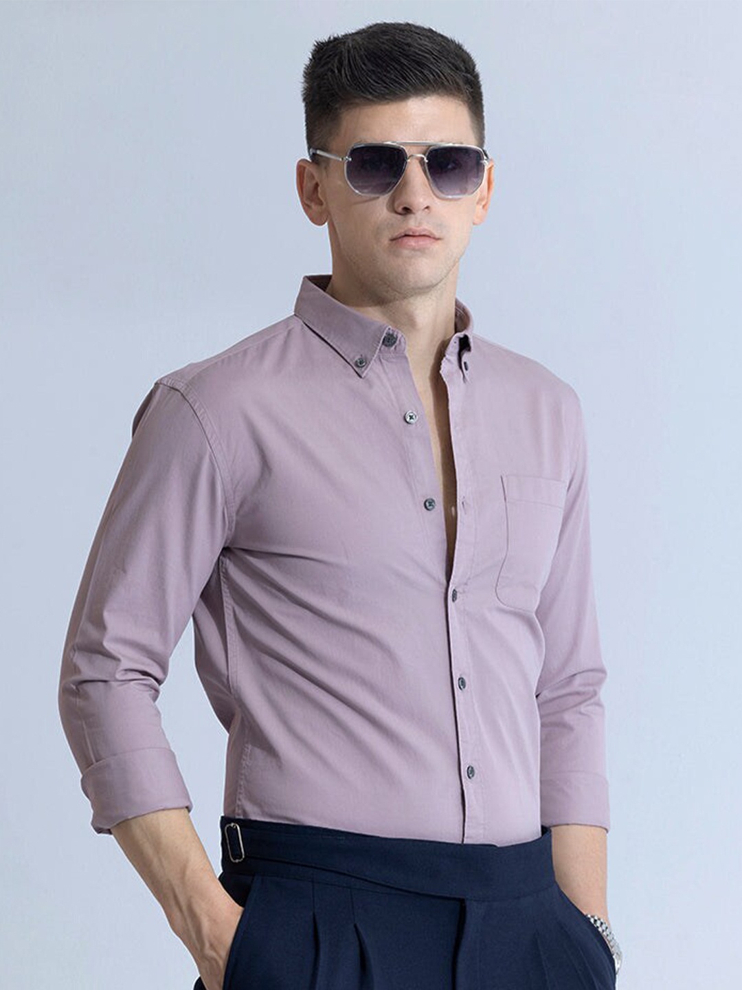 

Snitch Lavender Classic Slim Fit Button Down Collar Pure Cotton Casual Shirt