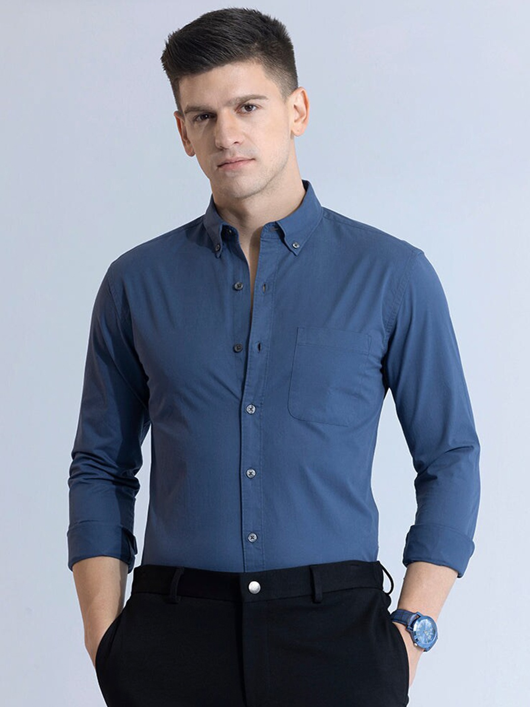

Snitch Blue Classic Slim Fit Button Down Collar Pure Cotton Casual Shirt