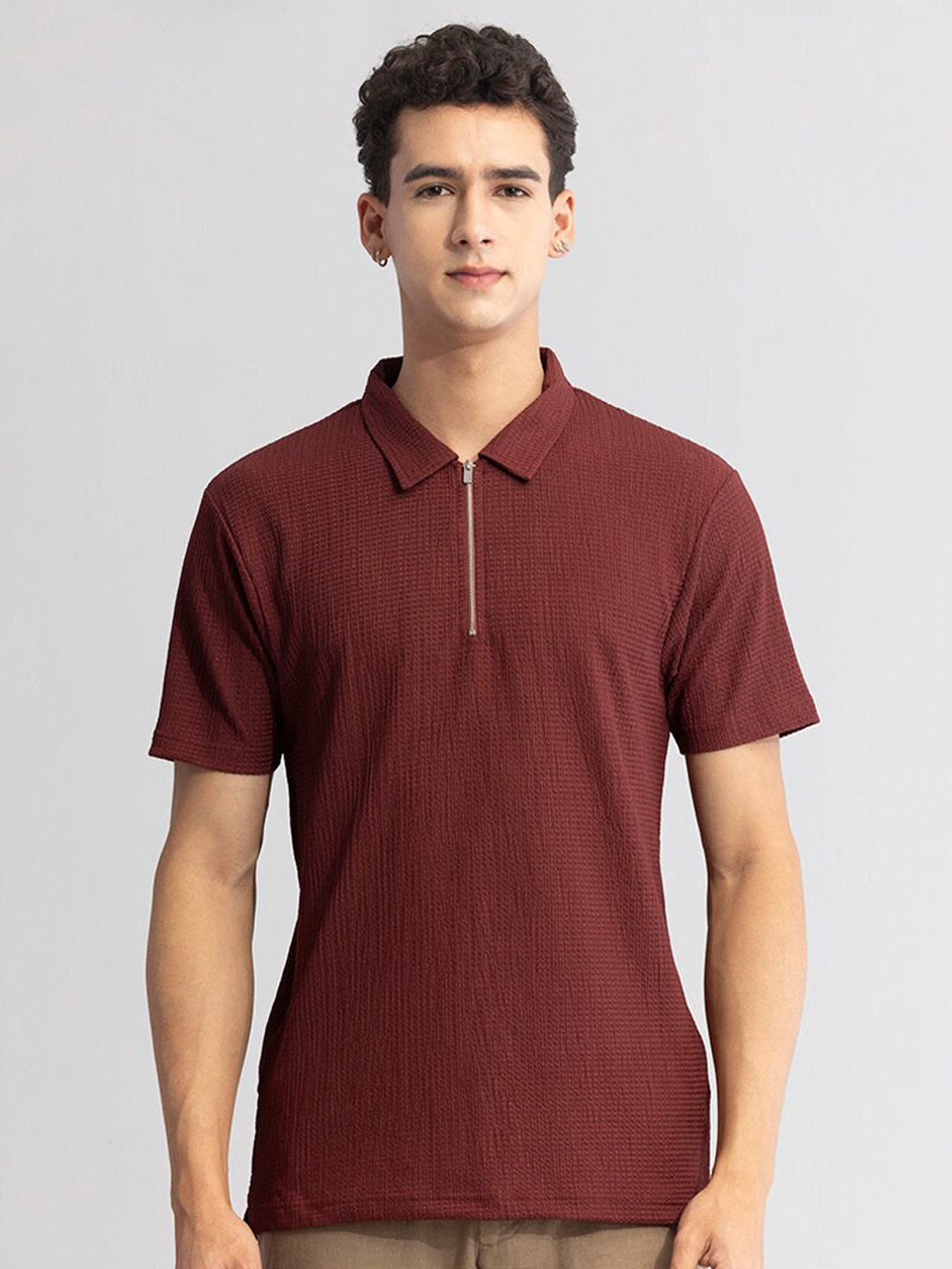 

Snitch Maroon Self Design Polo Collar Casual T-shirt