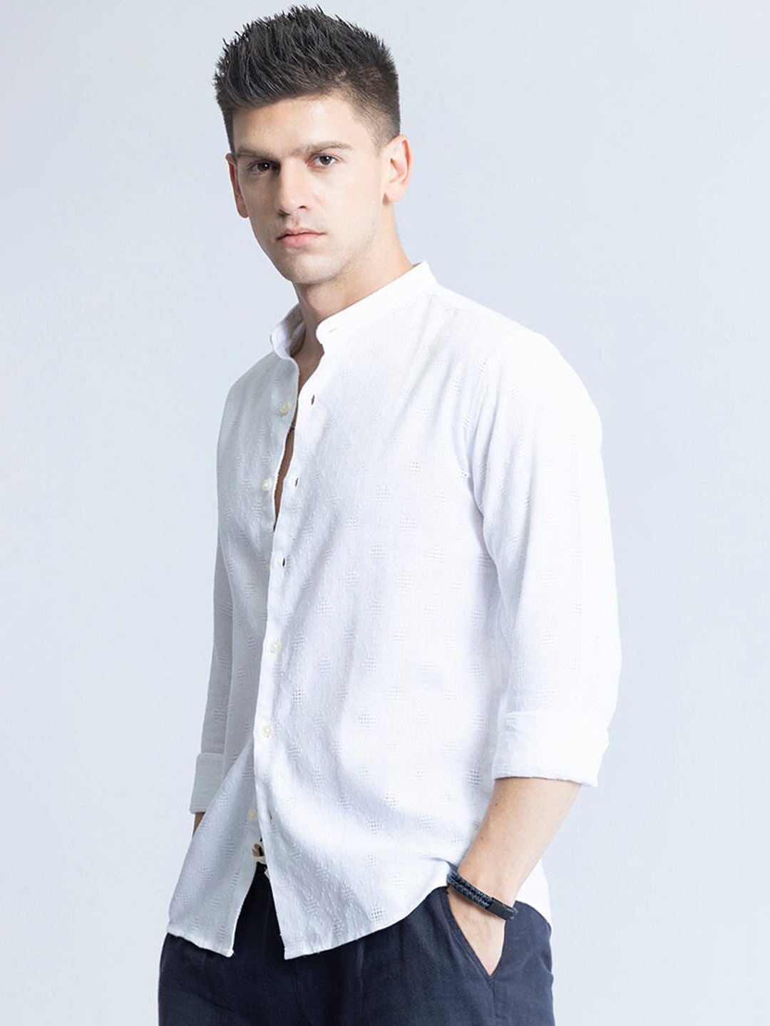 

Snitch White Classic Slim Fit Self Design Mandarin Collar Pure Cotton Casual Shirt