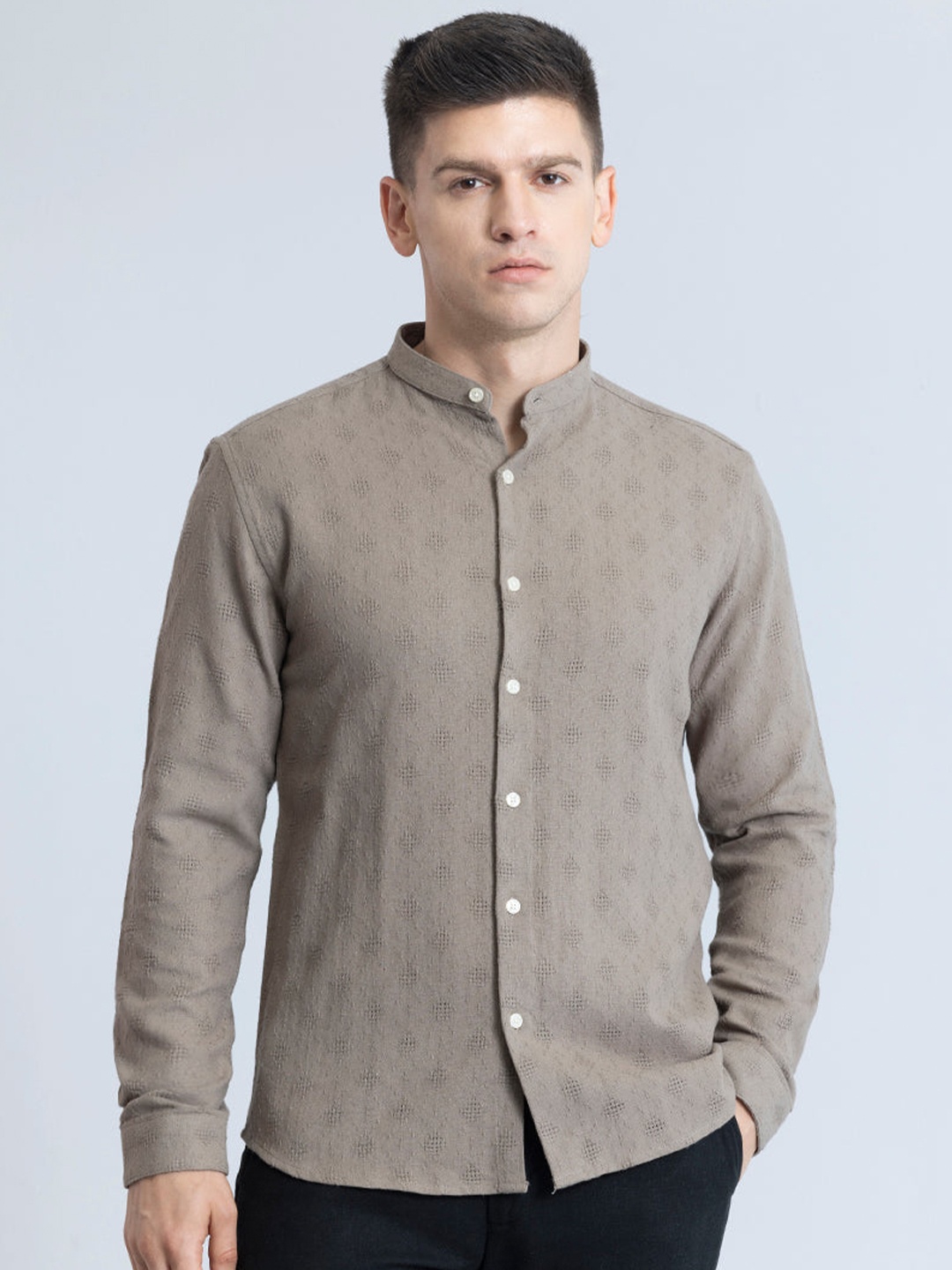 

Snitch Khaki Classic Slim Fit Self Design Mandarin Collar Pure Cotton Casual Shirt