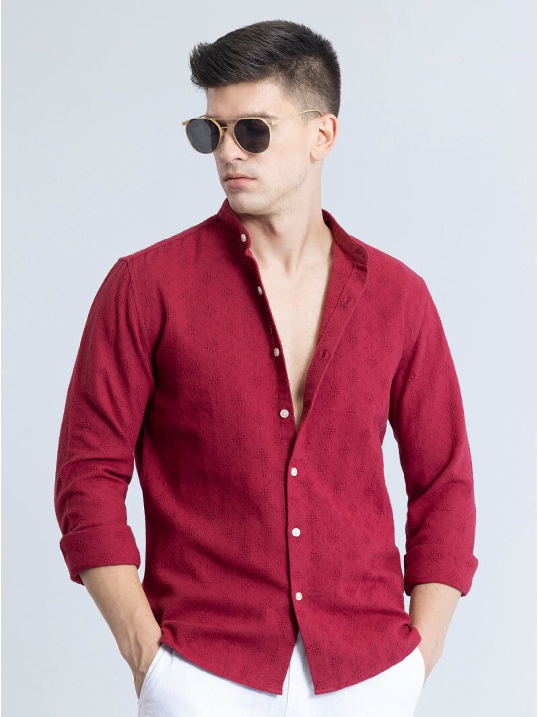 

Snitch Red Classic Slim Fit Geometric Self Design Pure Cotton Casual Shirt