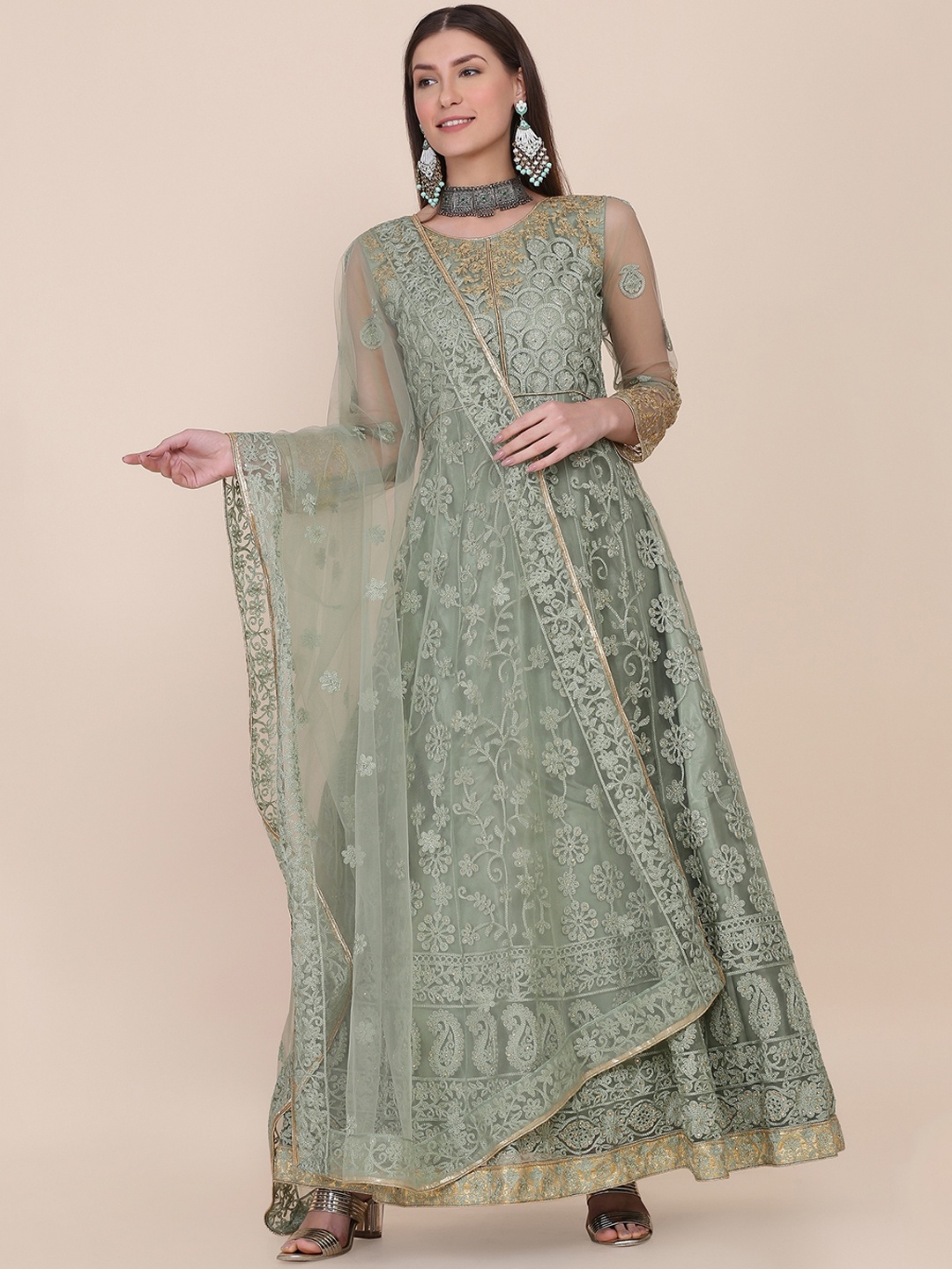 

Warthy Ent Floral Embroidered Net Unstitched Dress Material, Green