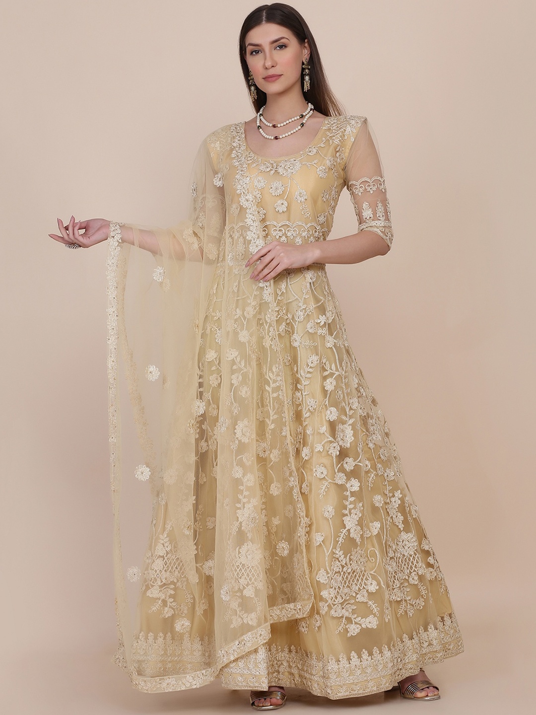 

Warthy Ent Floral Embroidered Net Unstitched Dress Material, Cream