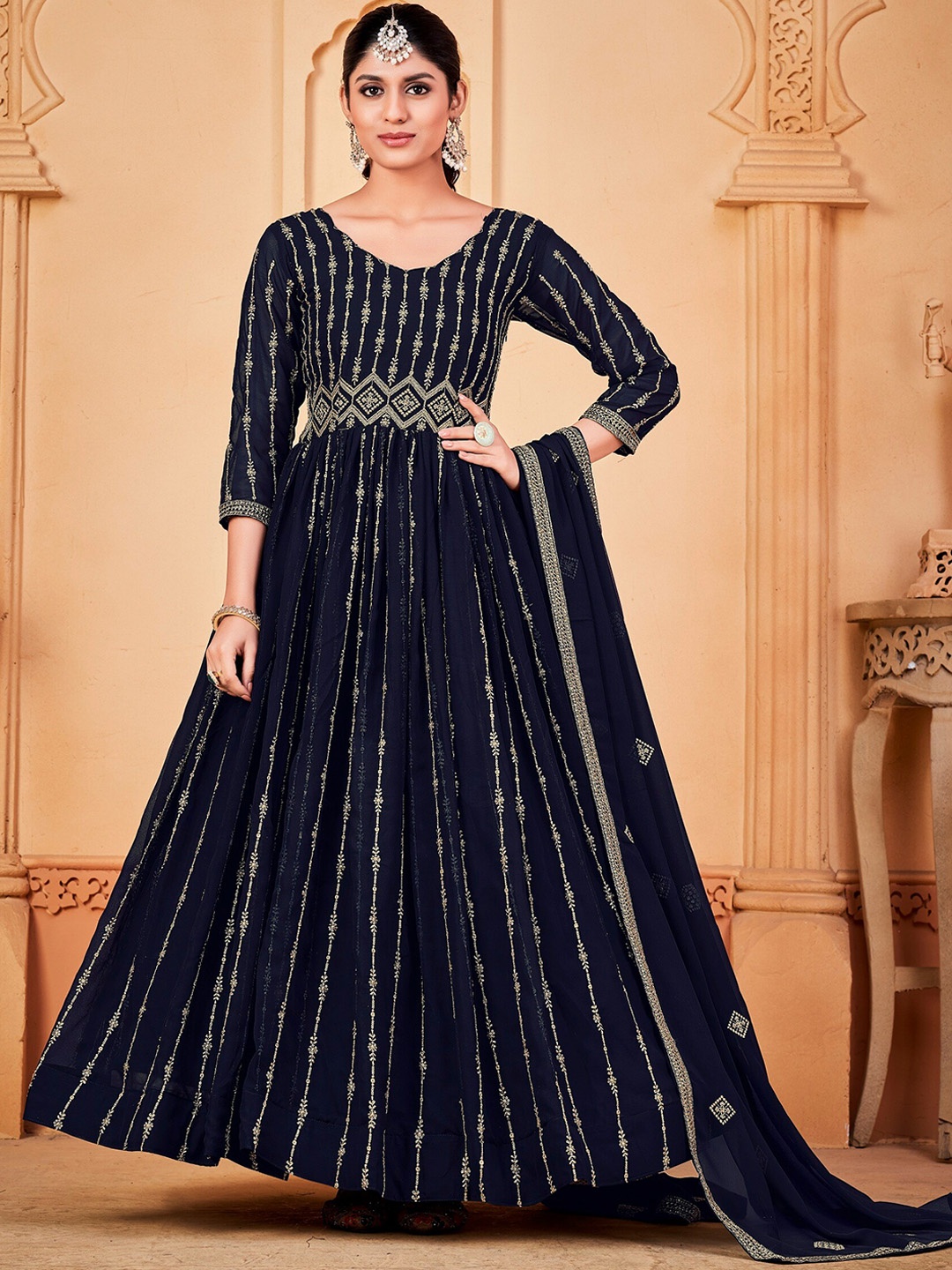 

Warthy Ent Floral Embroidered Unstitched Dress Material, Navy blue