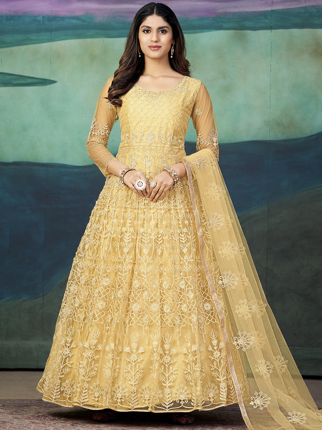 

Warthy Ent Floral Embroidered Unstitched Dress Material, Yellow