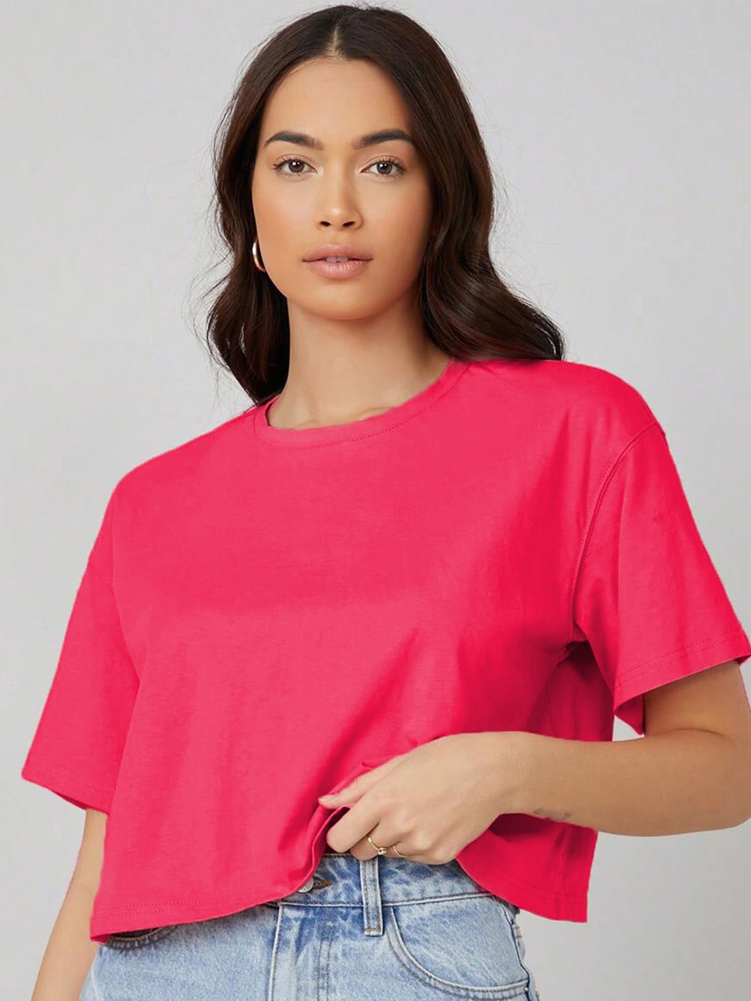 

Kotty Round Neck Drop-Shoulder Sleeves Oversized Crop T-shirt, Pink