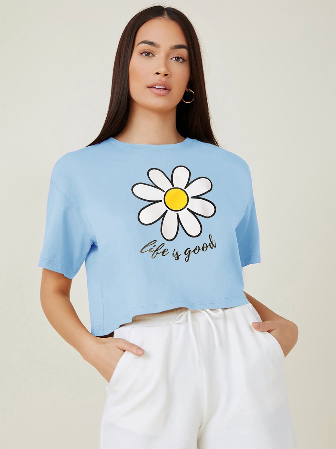 

Kotty Round Neck Drop-Shoulder Sleeves Graphic Printed Oversized Crop T-shirt, Blue