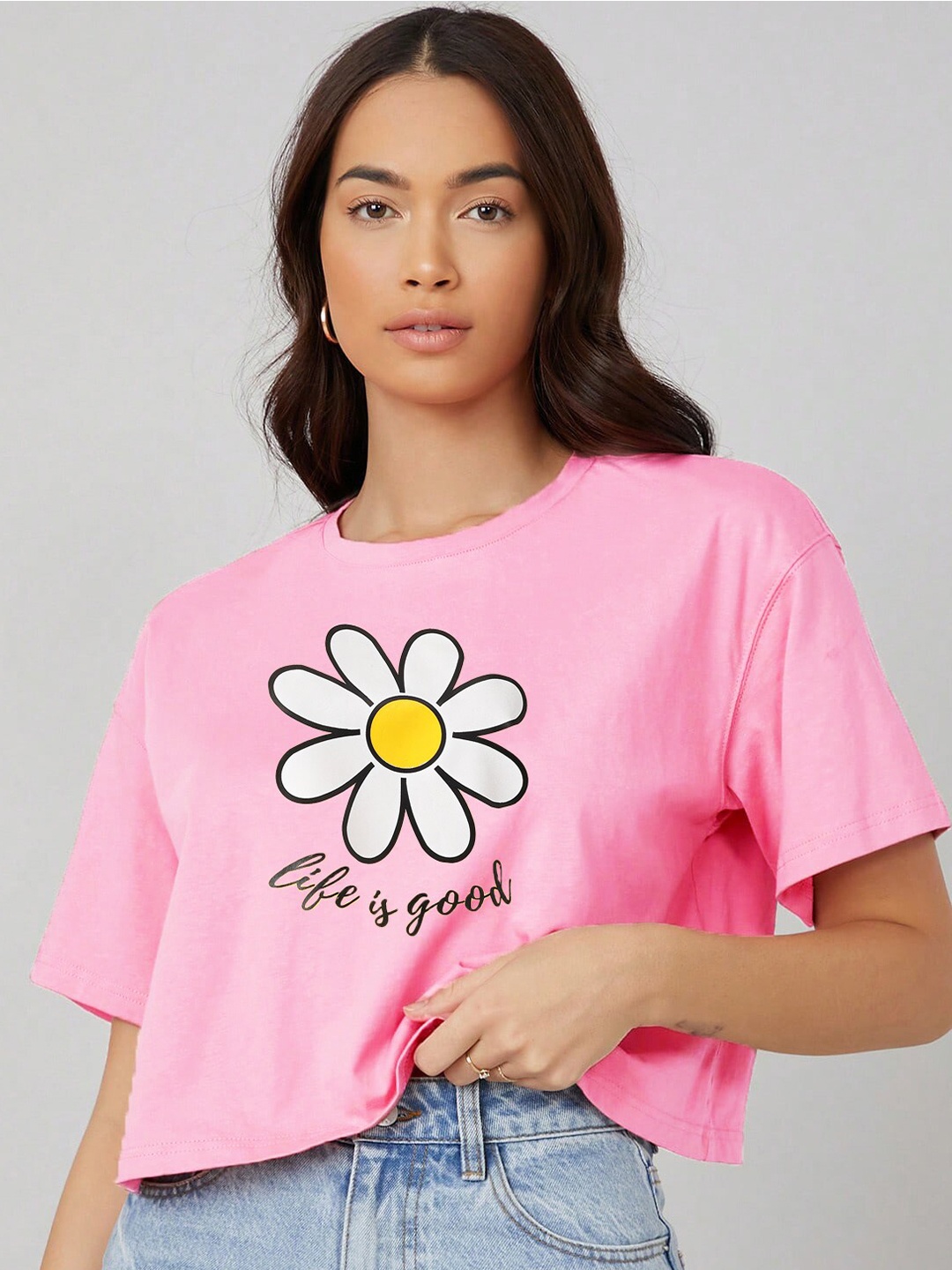 

Kotty Round Neck Drop-Shoulder Sleeves Graphic Printed Oversized Crop T-shirt, Pink