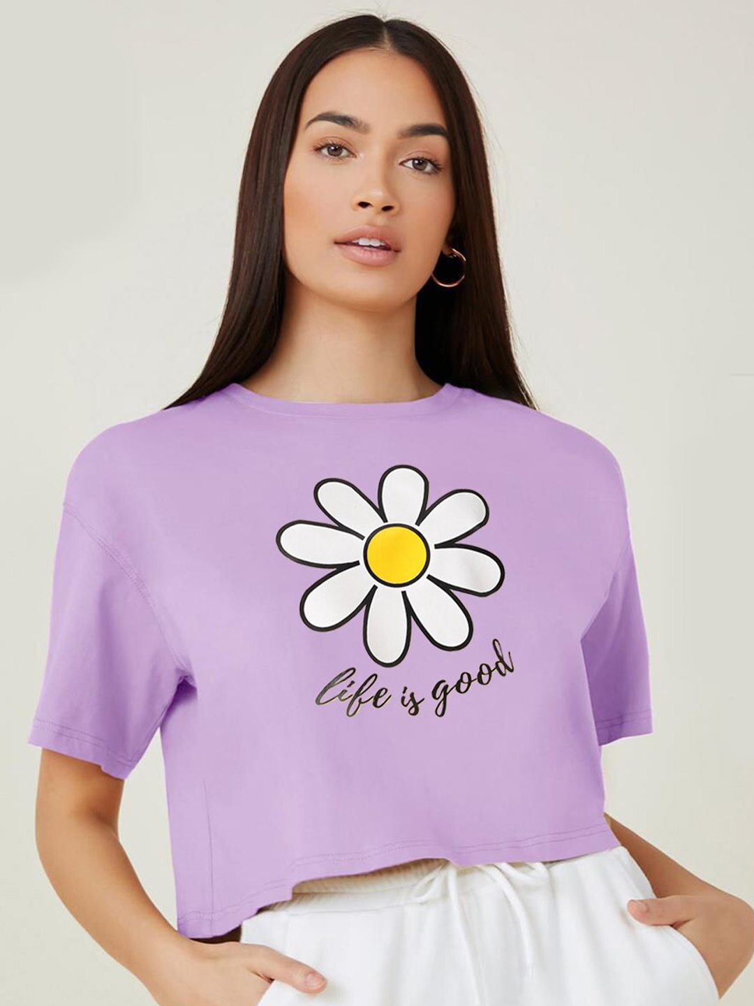 

Kotty Purple Floral Printed Round Neck Drop-Shoulder Sleeves Oversized Crop T-shirt