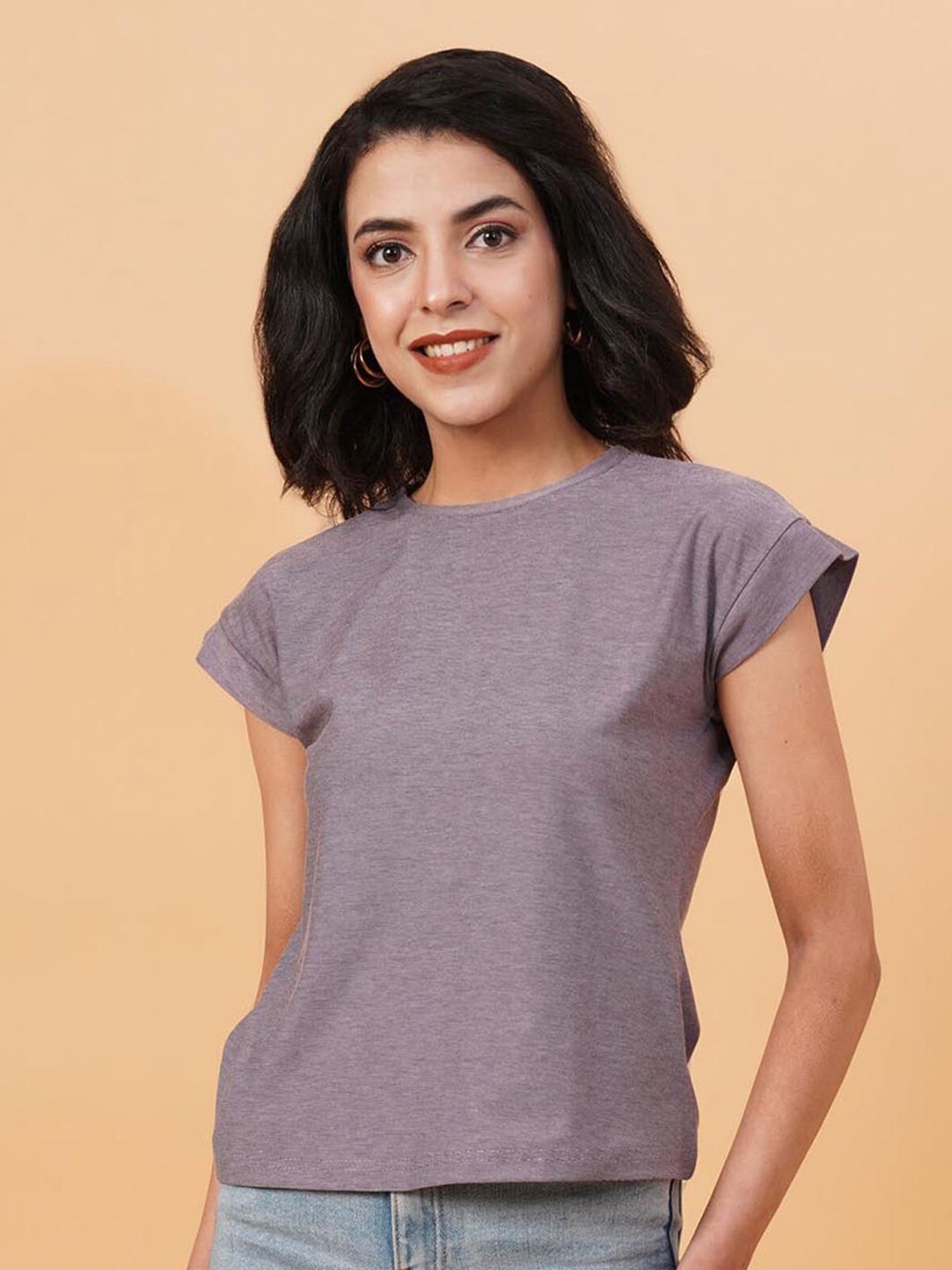 

Kotty Round Neck Extended Sleeves Regular Fit T-shirt, Purple