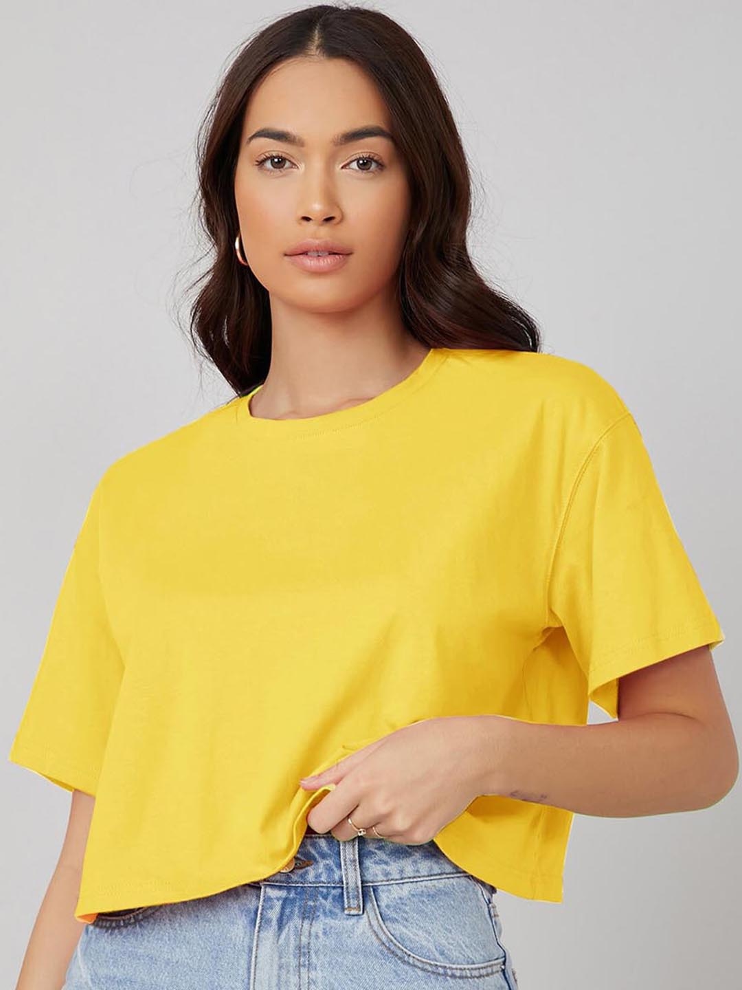 

Kotty Round Neck Drop-Shoulder Sleeves Oversized Crop T-shirt, Yellow