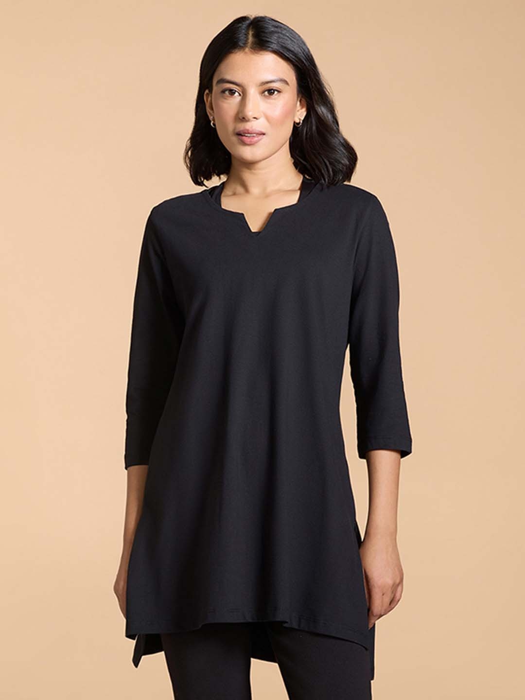 

KICA Notched Neck Breathable Pure Cotton Tunic, Black