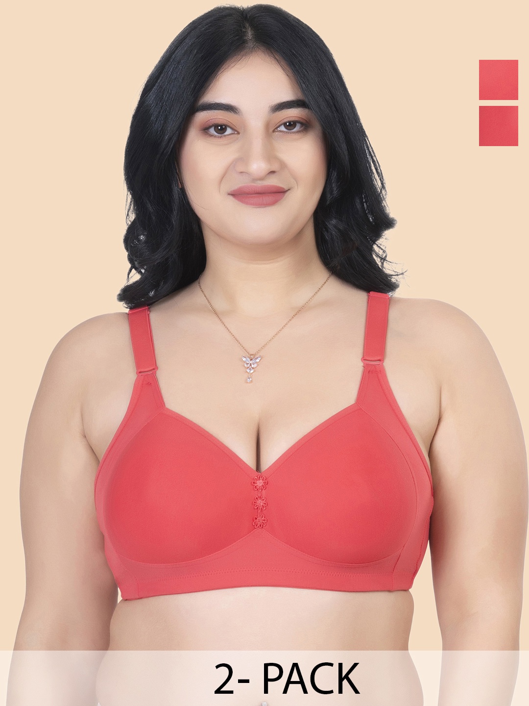 

KOMLI Pack Of 2 Plus Size Full Coverage Cotton Minimiser Bra With All Day Comfort, Red