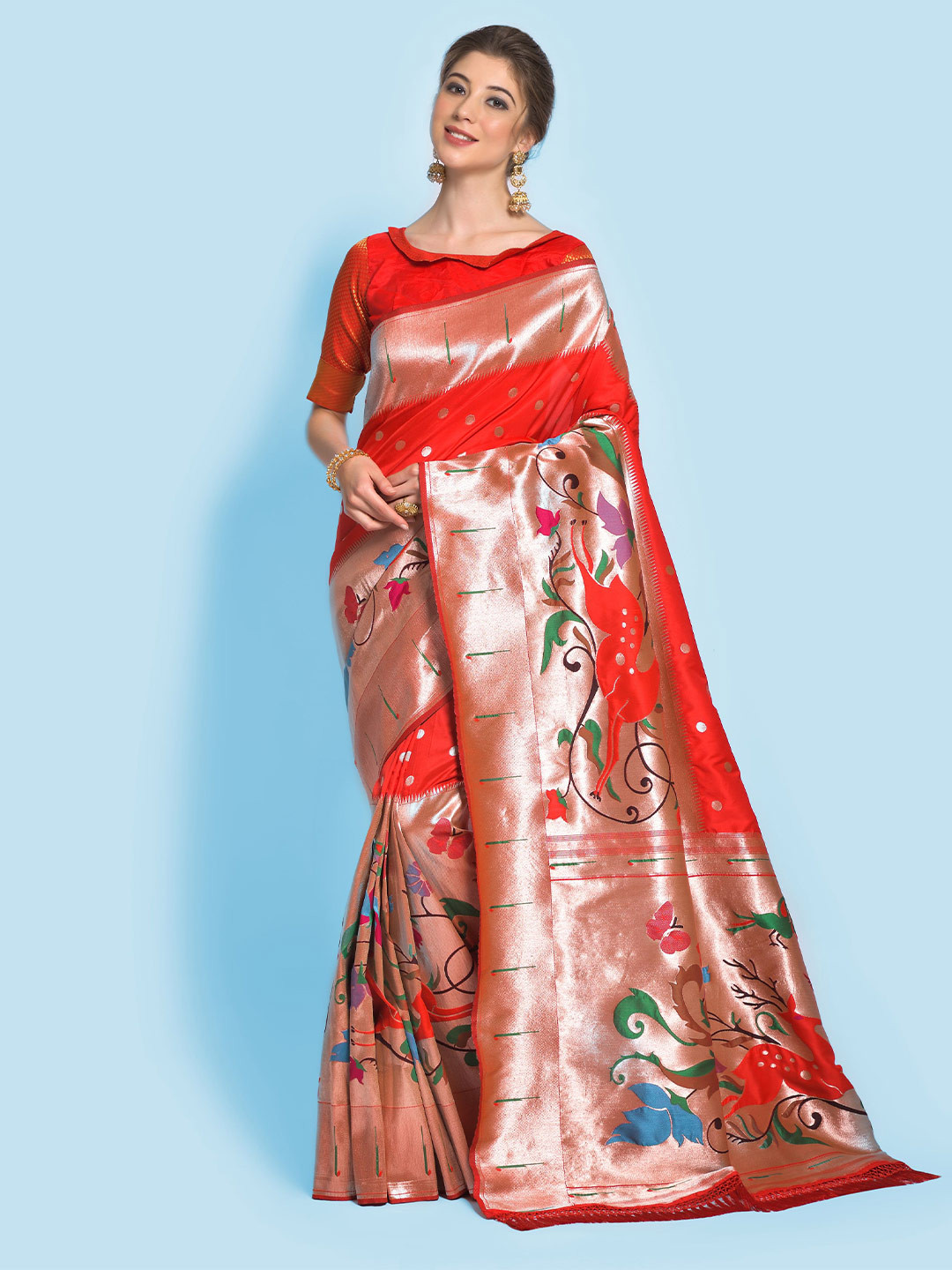 

Mitera Woven Design Zari Silk Blend Paithani Saree, Red