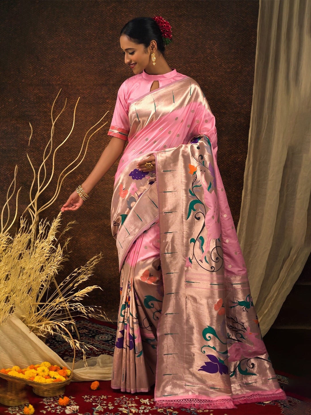 

Mitera Ethnic Motifs Woven Design Zari Paithani Saree, Pink