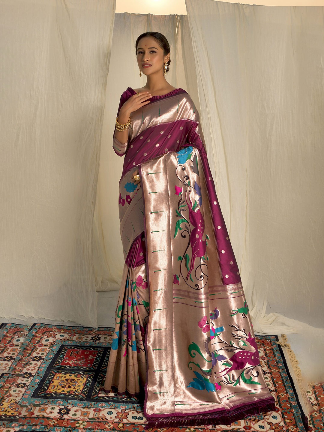 

Mitera Woven Design Zari Silk Blend Paithani Saree, Purple