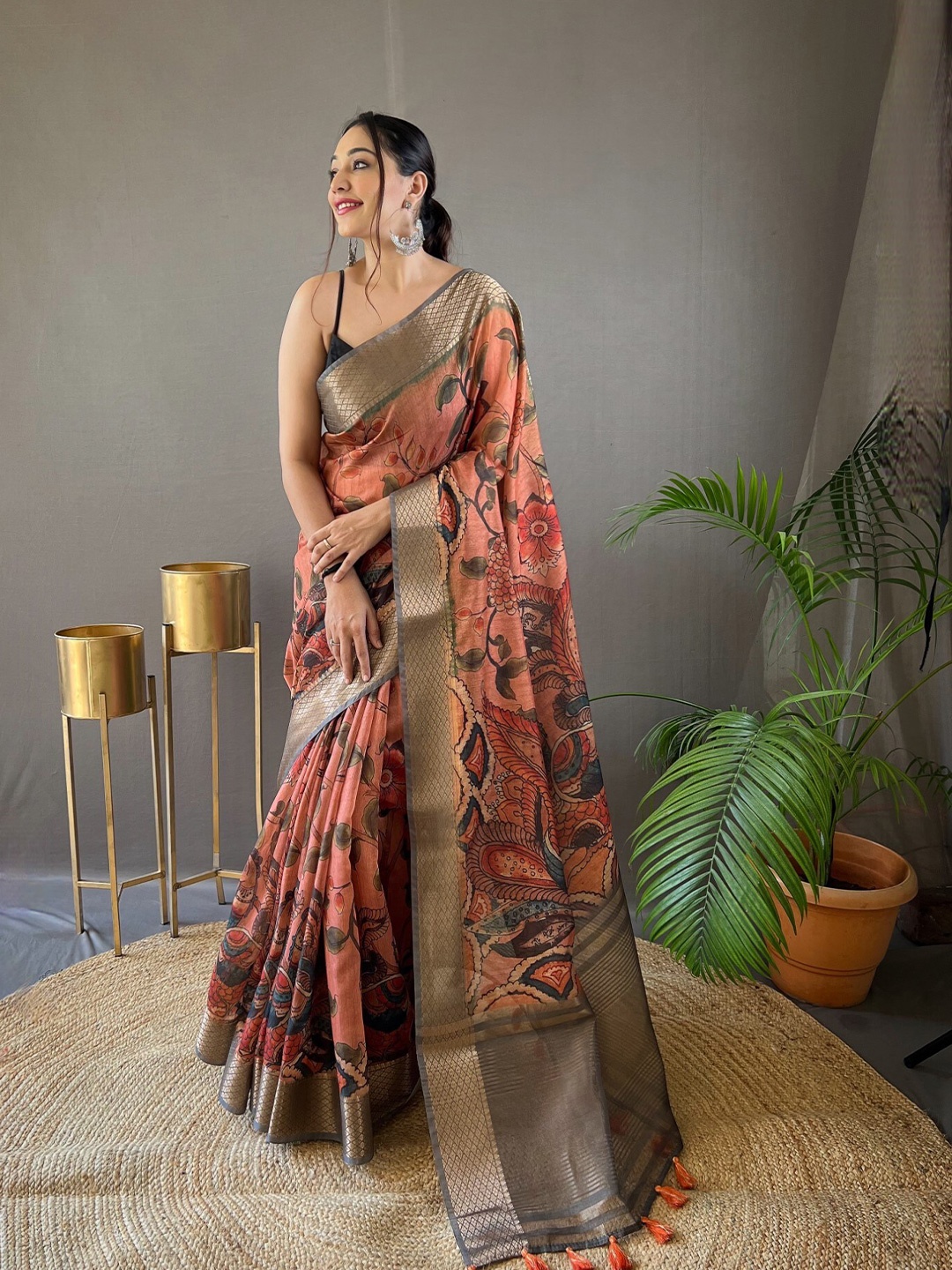 

LeeliPeeri Designer Kalamkari Printed Zari Tussar Saree, Orange