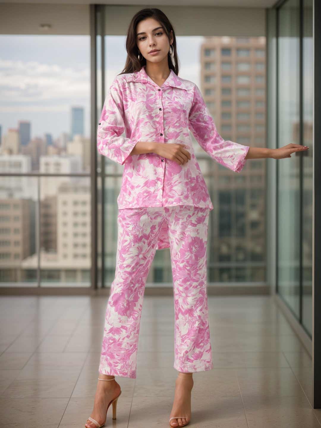 

BAESD Floral Printed Spread Collar Shirt With Trouser, Pink