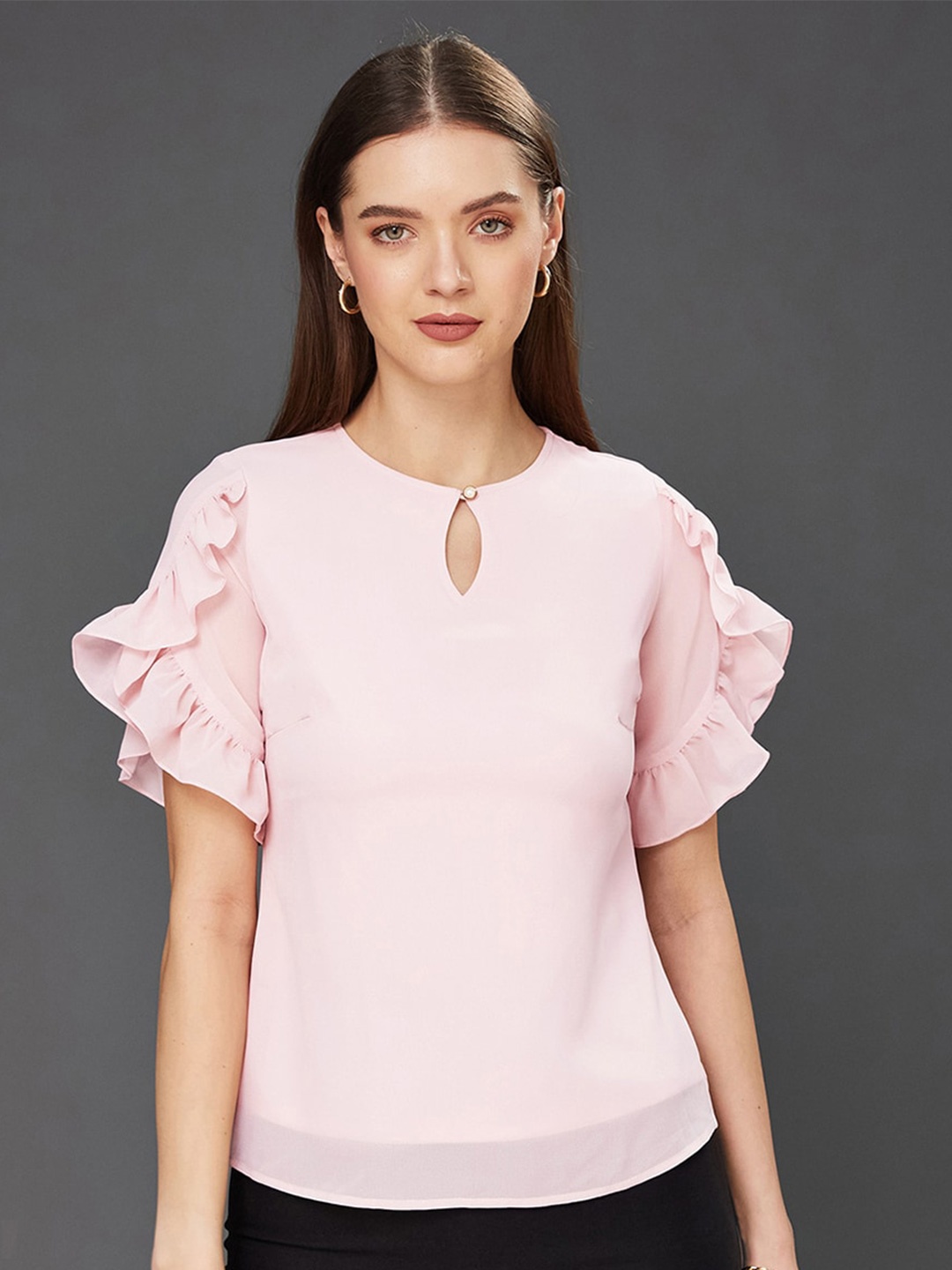 

Miss Chase Keyhole Neck Flutter Sleeve Georgette Top, Pink