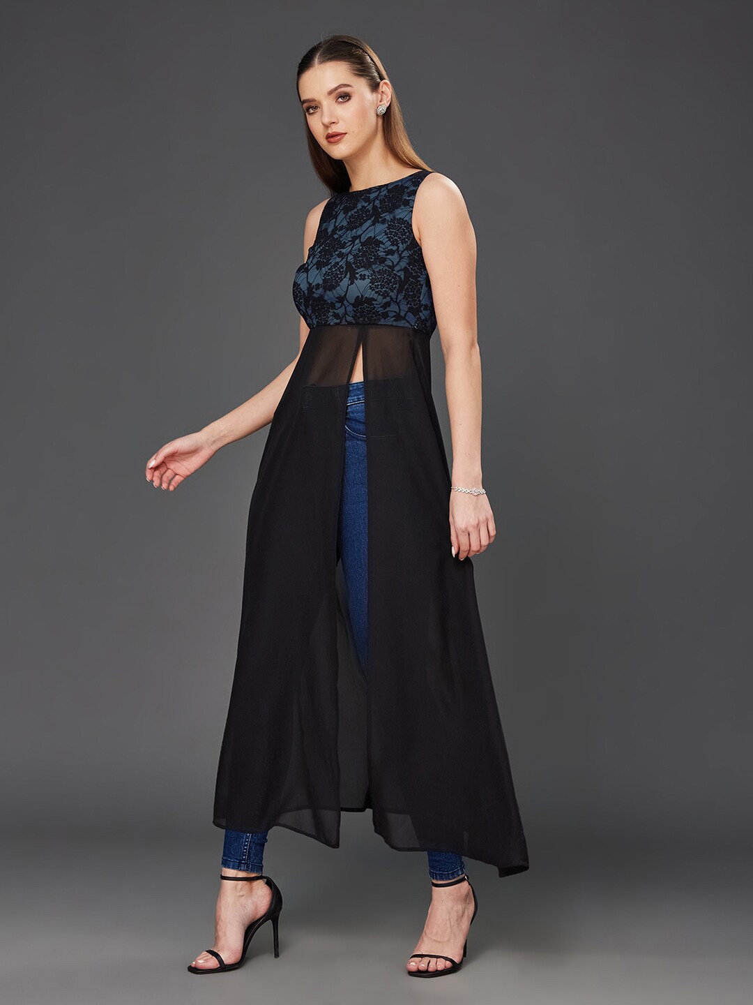 

Miss Chase Floral Printed Georgette Maxi Longline Top, Black