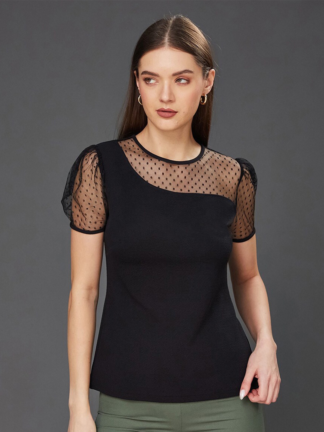 

Miss Chase Solid Round Neck Short Sleeve Relaxed Fit Regular Top, Black