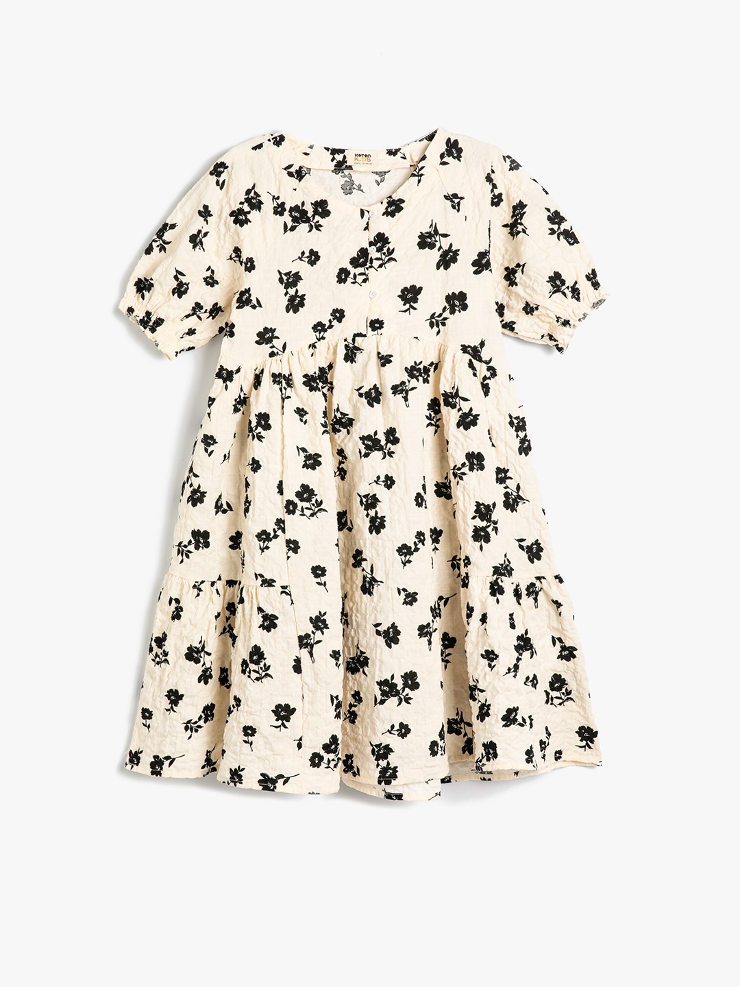 

Koton Girls Floral Printed Round Neck Puff Sleeves Cotton Fit & Flare Dress, Beige