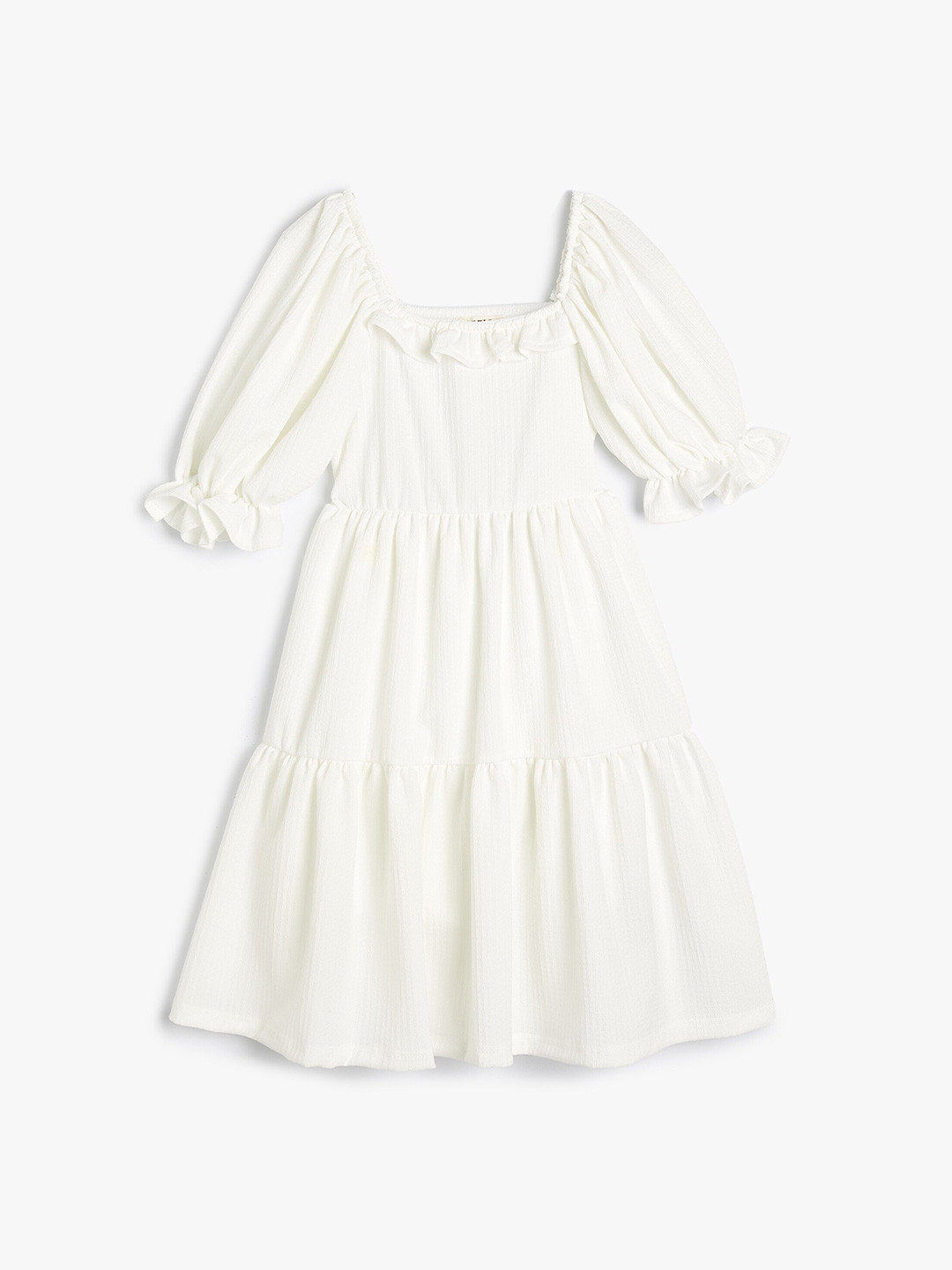 

Koton Girls Square Neck Puff Sleeve Tiered A-Line Dress, White