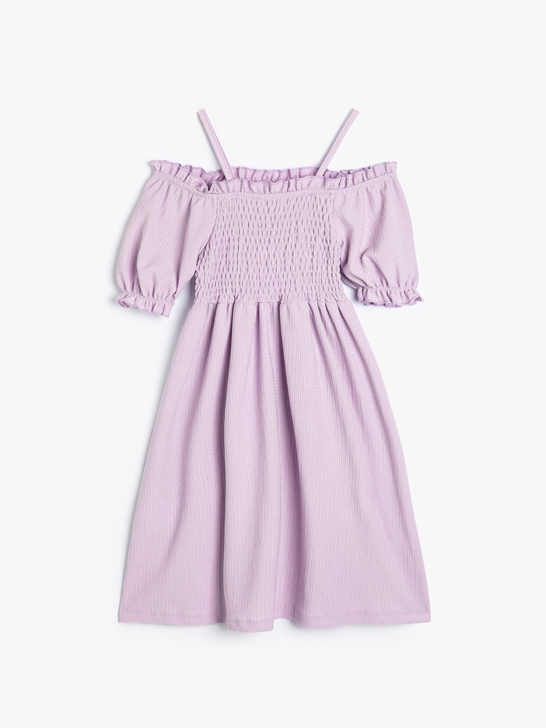 

Koton Girls Off-Shoulder Puff Sleeves Smocked Fit & Flare Dress, Purple