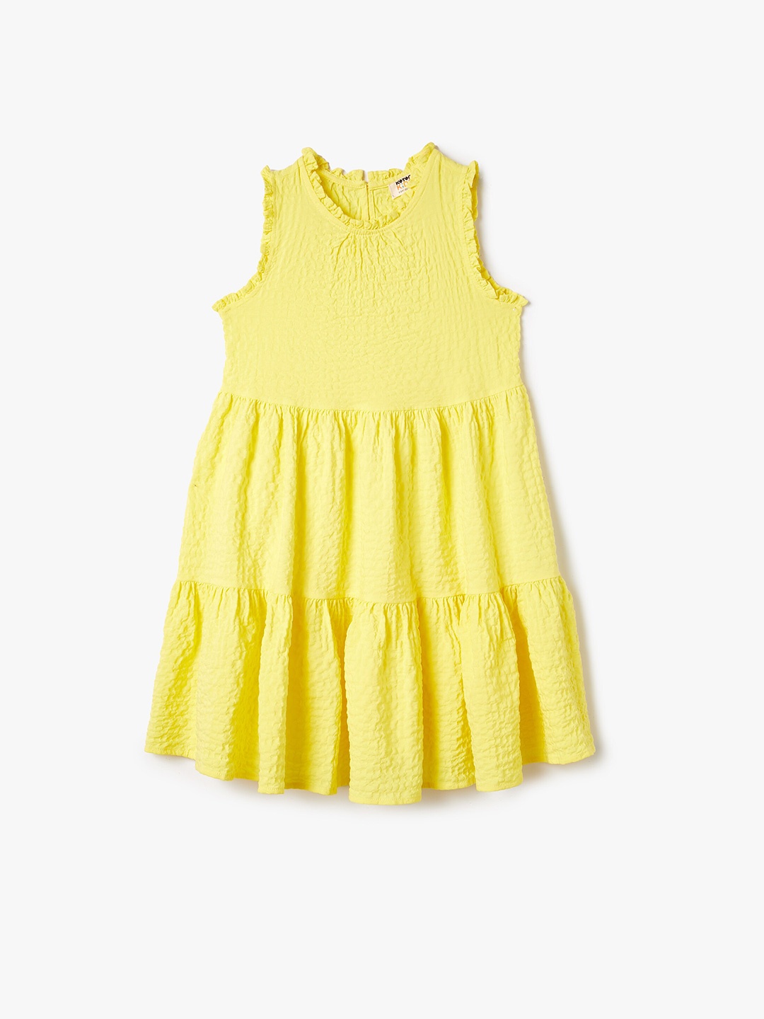 

Koton Girls Self Design Round Neck Sleeveless Cotton Tiered A-Line Dress, Yellow