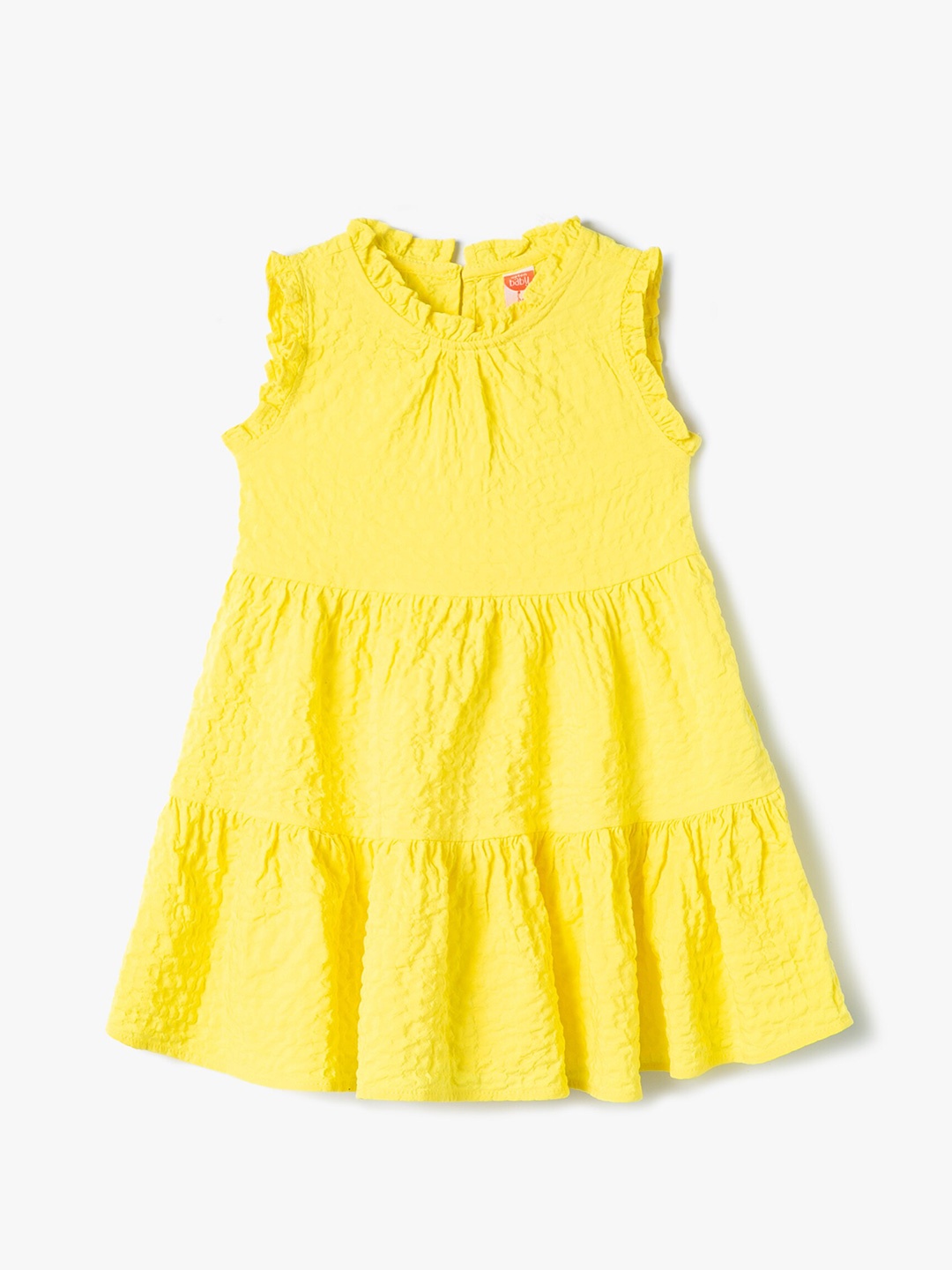 

Koton Girls Self Design Round Neck Sleeveless Cotton Tiered A-Line Dress, Yellow