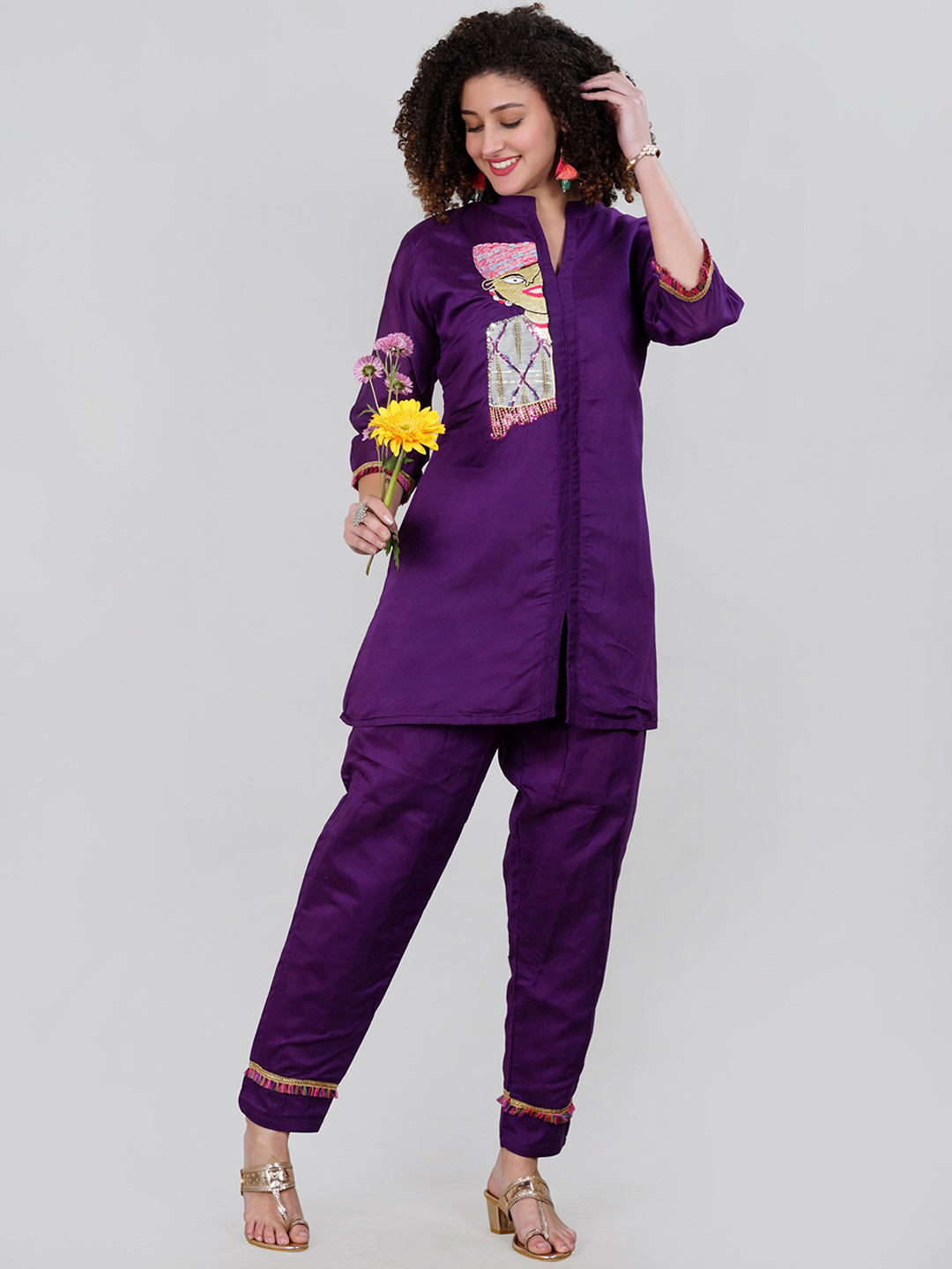 

MEHNAM Embroidered Mandarin Collar Three-Quarter Sleeves Co-Ords Set, Purple