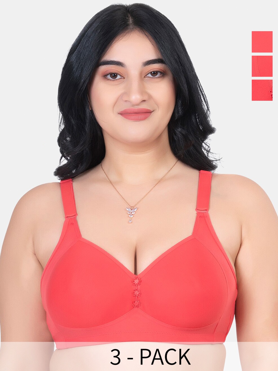 

KOMLI Pack of 3 Cotton Minimizer Bra - Full Coverage Lightly Padded, Red