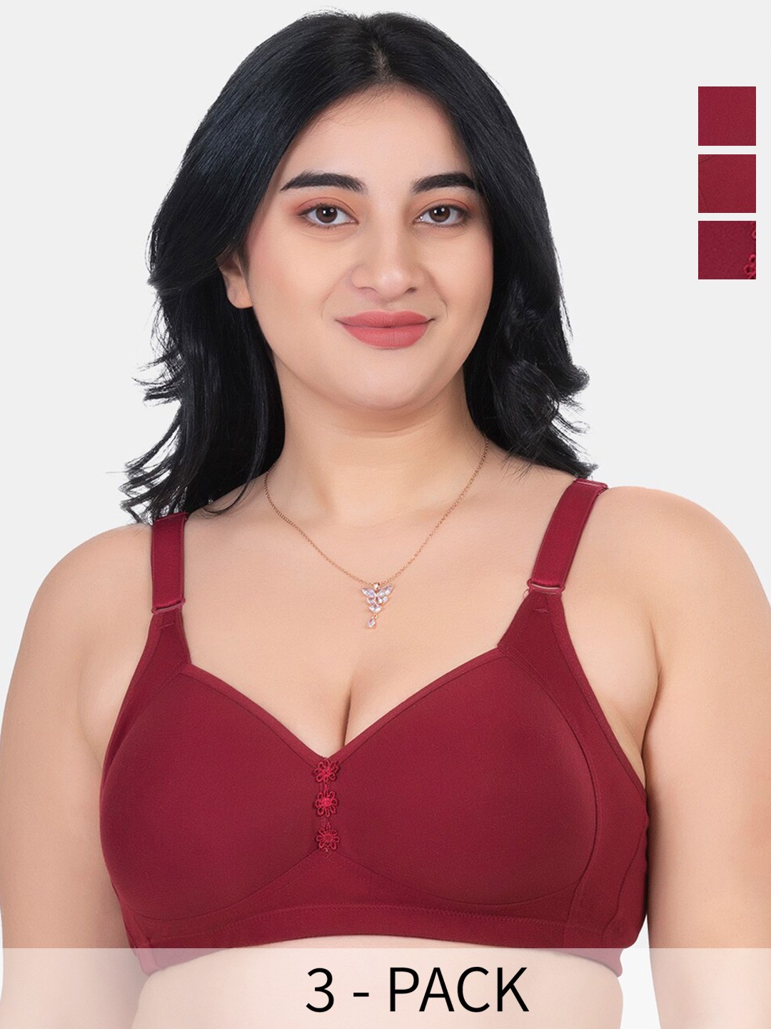 

KOMLI Pack of 3 Cotton Minimizer Bra - Full Coverage Lightly Padded, Maroon