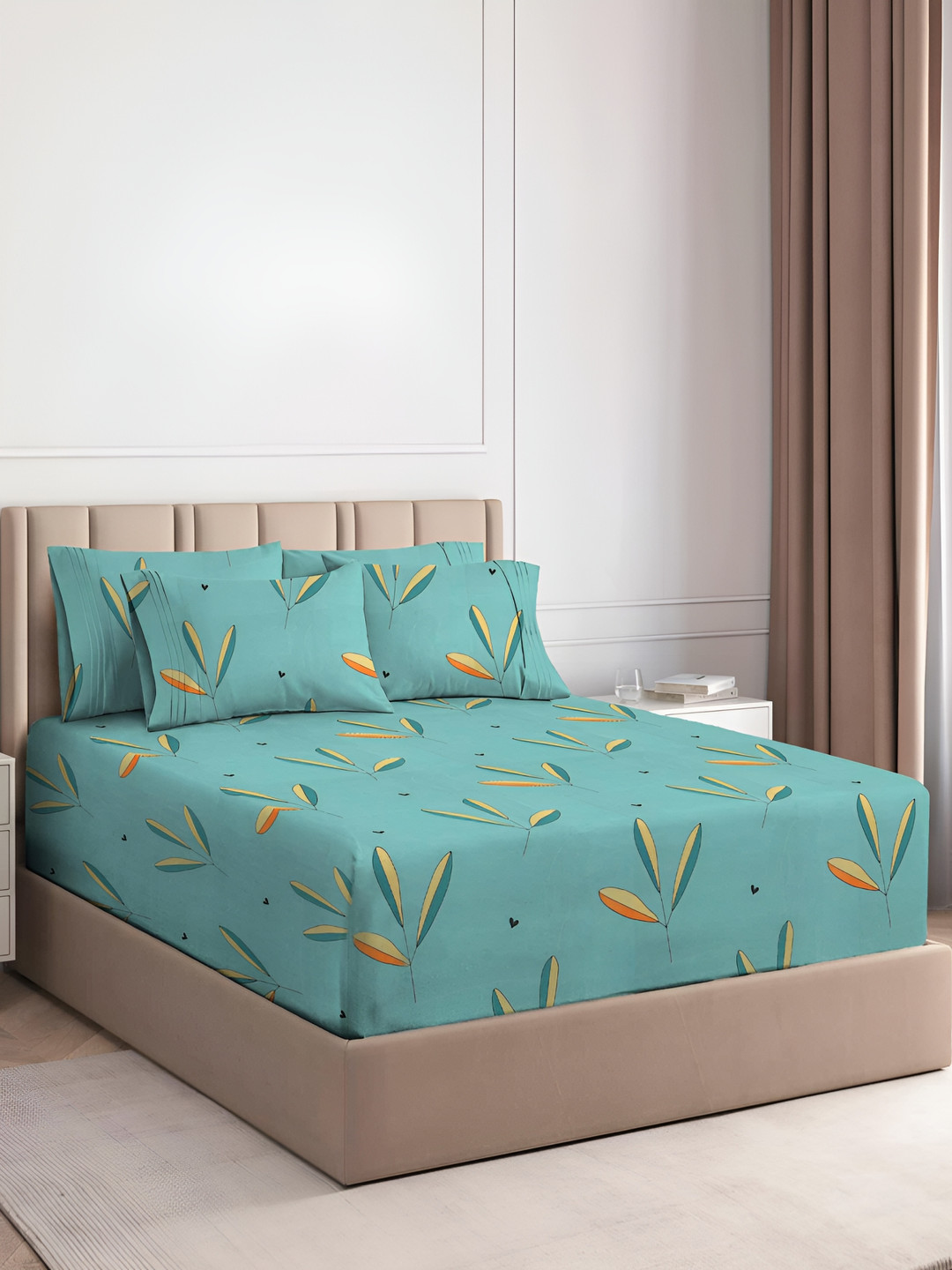 

bsb home Green & Orange Floral Microfiber 180 TC Fitted King Bedsheet with 2 Pillow Covers