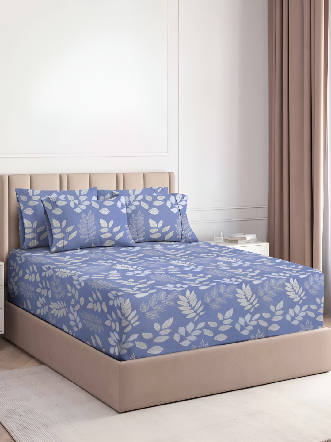 

bsb home Blue & Silver-Toned Floral Microfiber180 TC Fitted King Bedsheet &2 Pillow Covers
