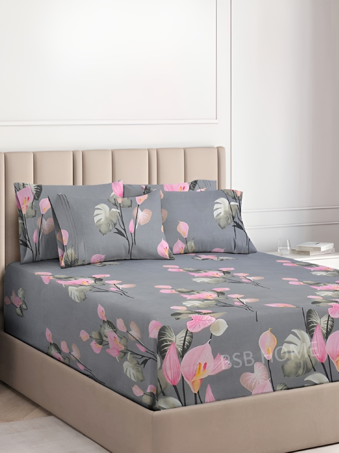 

bsb home Grey & Pink Floral Microfiber 180 TC Fitted King Bedsheet with 2 Pillow Covers
