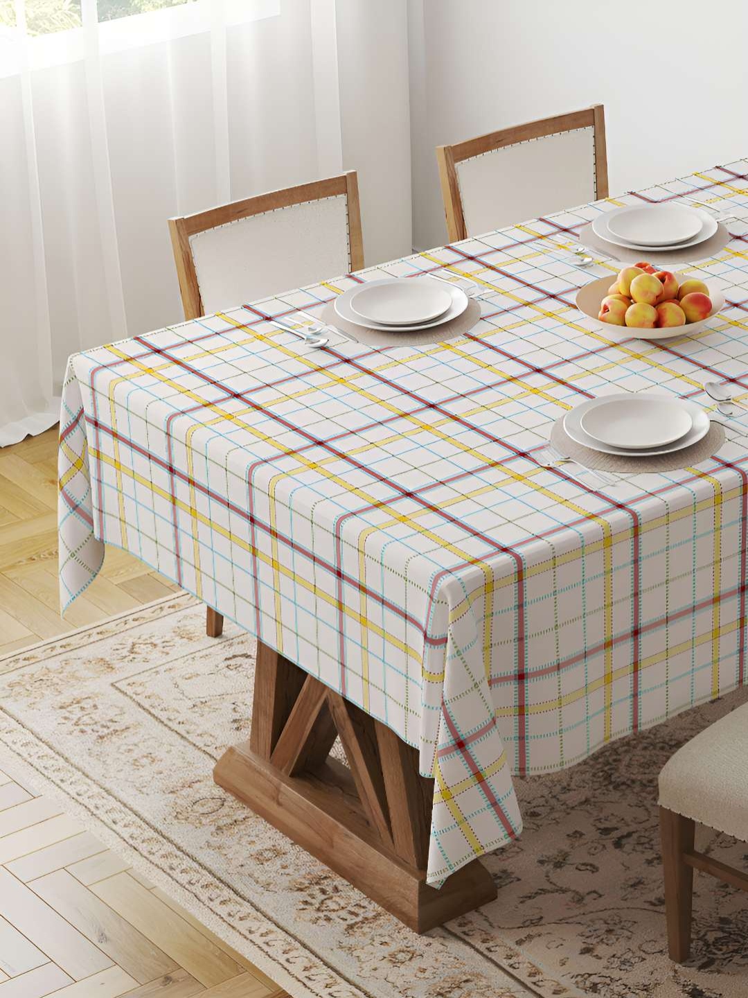 HOME COLORS.IN Cream Geometric Checkered Cotton 6-Seater Table Cover, White