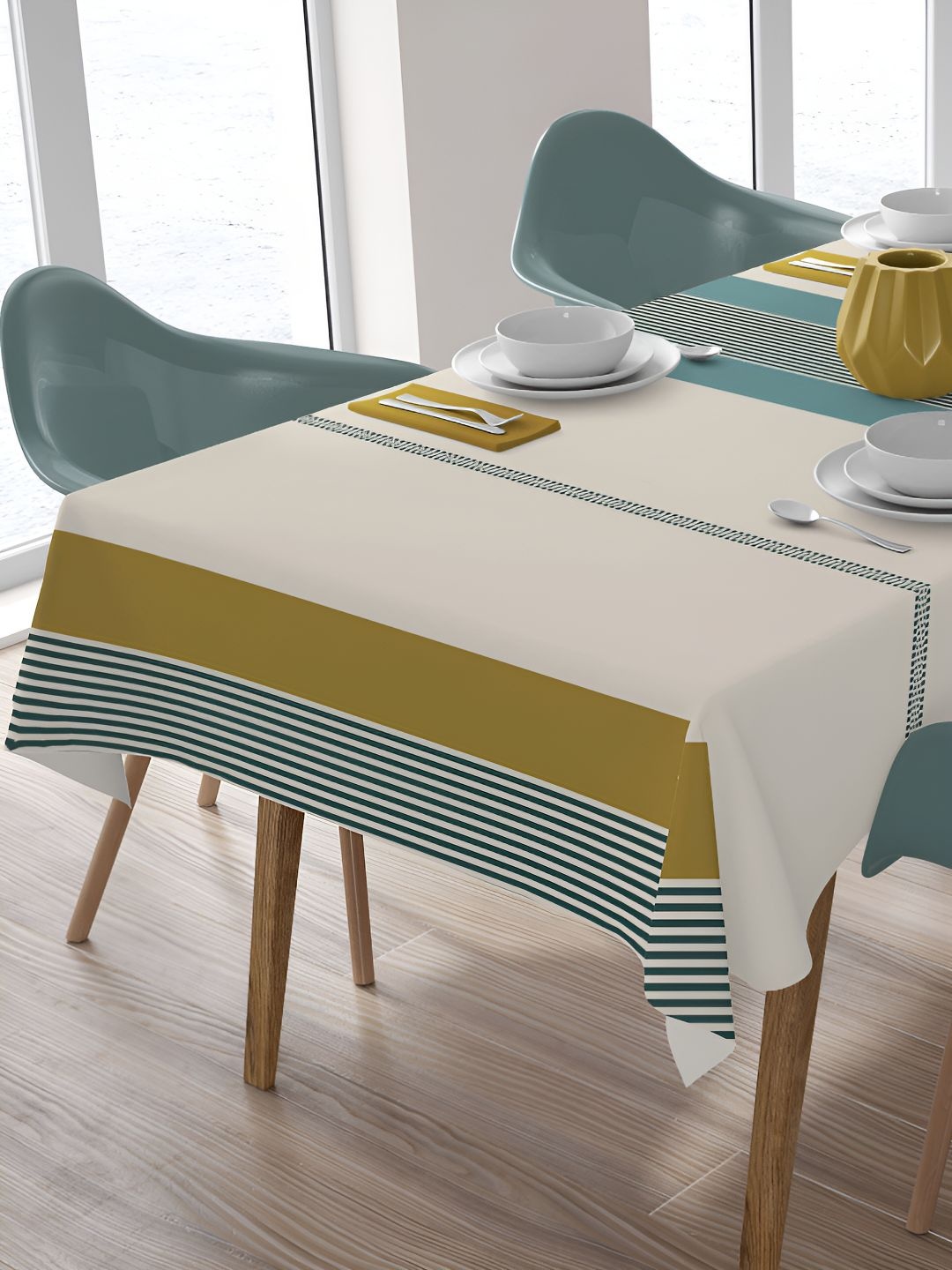 

HOME COLORS.IN Beige Striped 6-Seater Table Cover