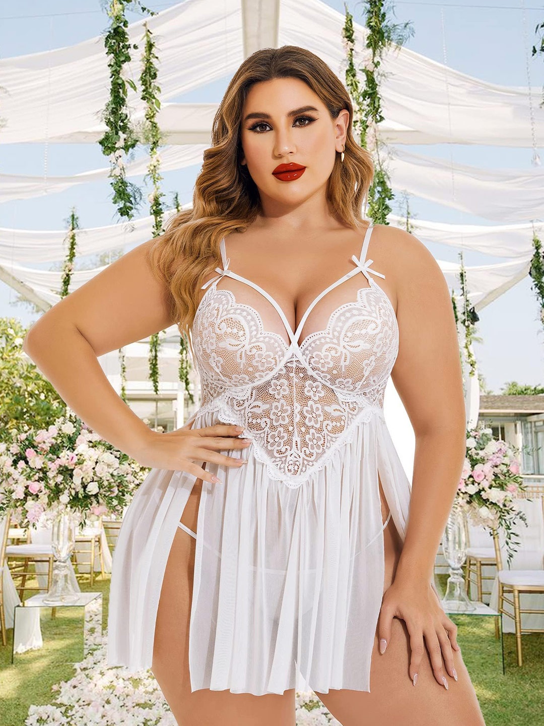 

CareDone Plus Size Self Design Shoulder Straps Baby Doll, White