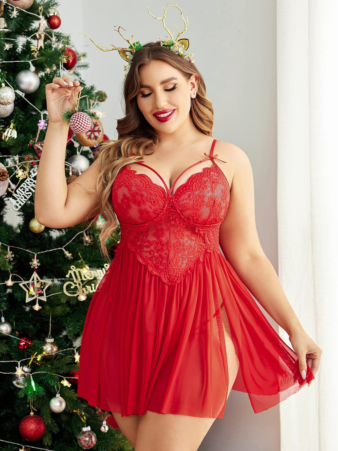 

CareDone Self Design Shoulder Straps Lace Baby Doll, Red