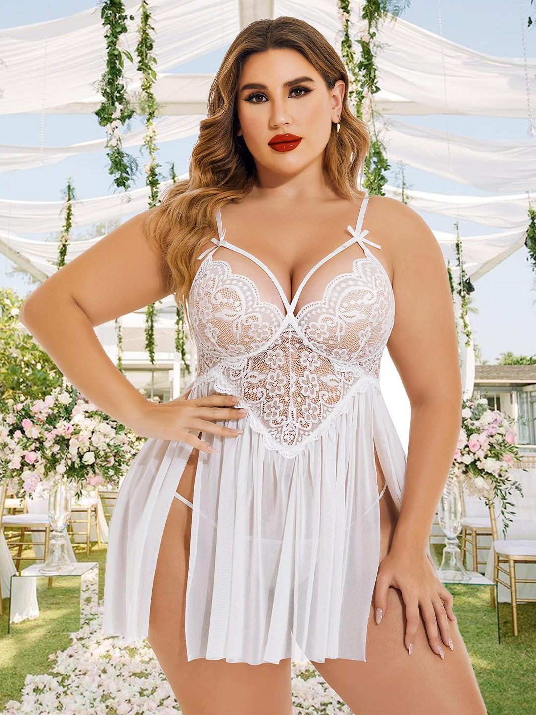 

CareDone Plus Size Self Design Shoulder Straps Baby Doll, White