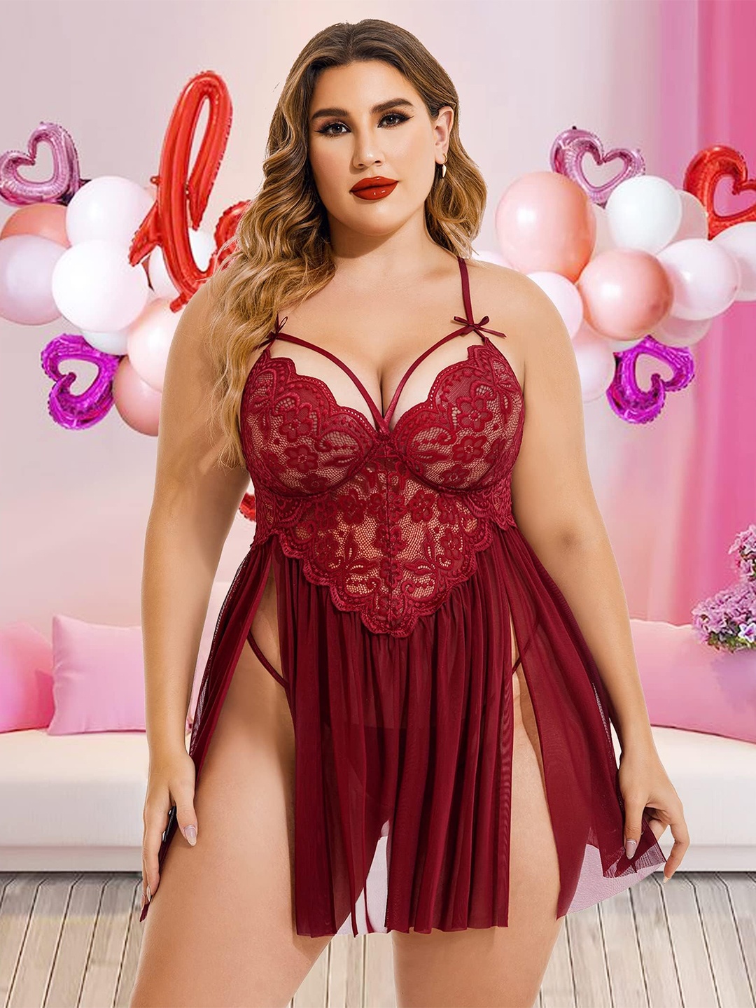 

CareDone Self Design Lace Baby Doll, Maroon