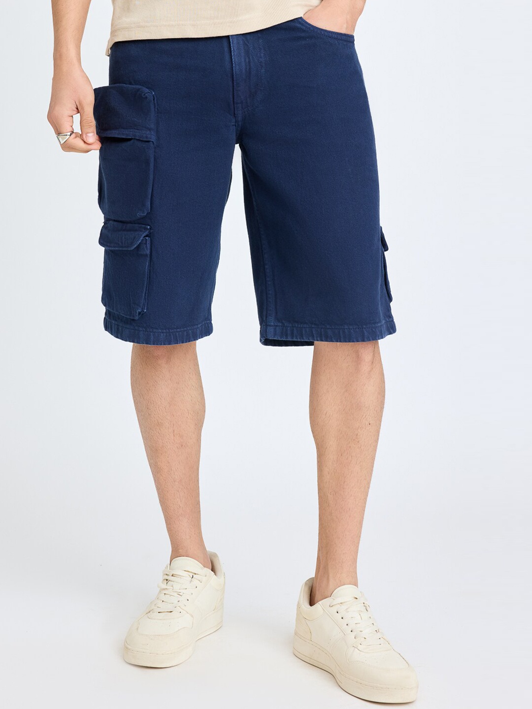 

FREAKINS Men High-Rise Pure Cotton Cargo Shorts, Blue